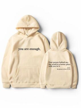 NEW You Are Enough Oversized Inspirational Pocket Hoodie Cream Yellow Women’s M